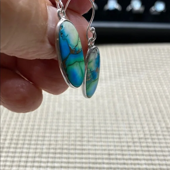 PEACOCK DAHLIA TURQUOISE EARRINGS In Solid Sterling Silver 925 - Picture 5 of 6